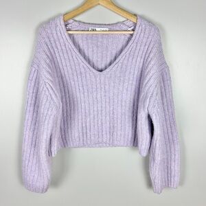 ZARA Cropped Chunky Ribbed Knit V-Neck Sweater Purple Large Alpaca Wool Lavender